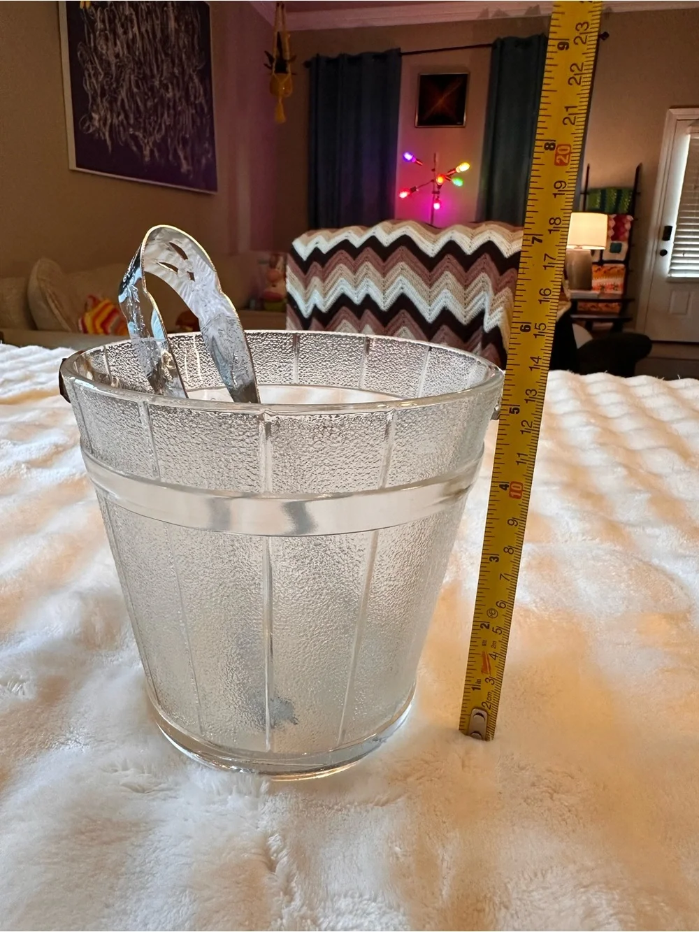 Vintage Textured Glass Ice Bucket with Metal Handle & Tongs